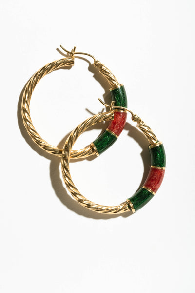 14K Green and Red Enamel Hoops