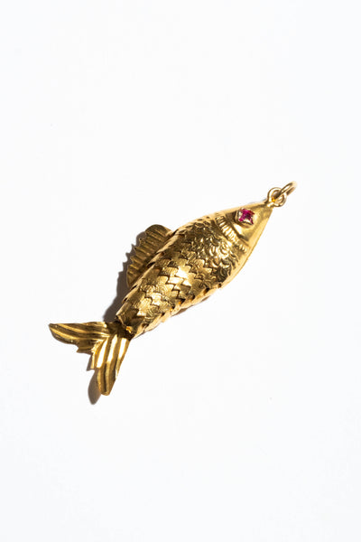 22K Articulated Fish Pendant with Ruby Eyes