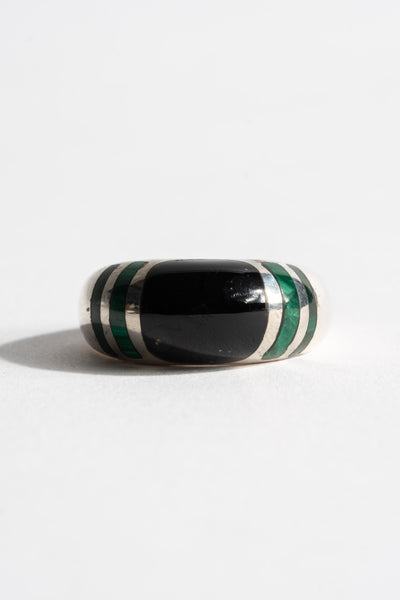 Sterling Rounded Modern Onyx + Malachite Inlay Stripe Ring