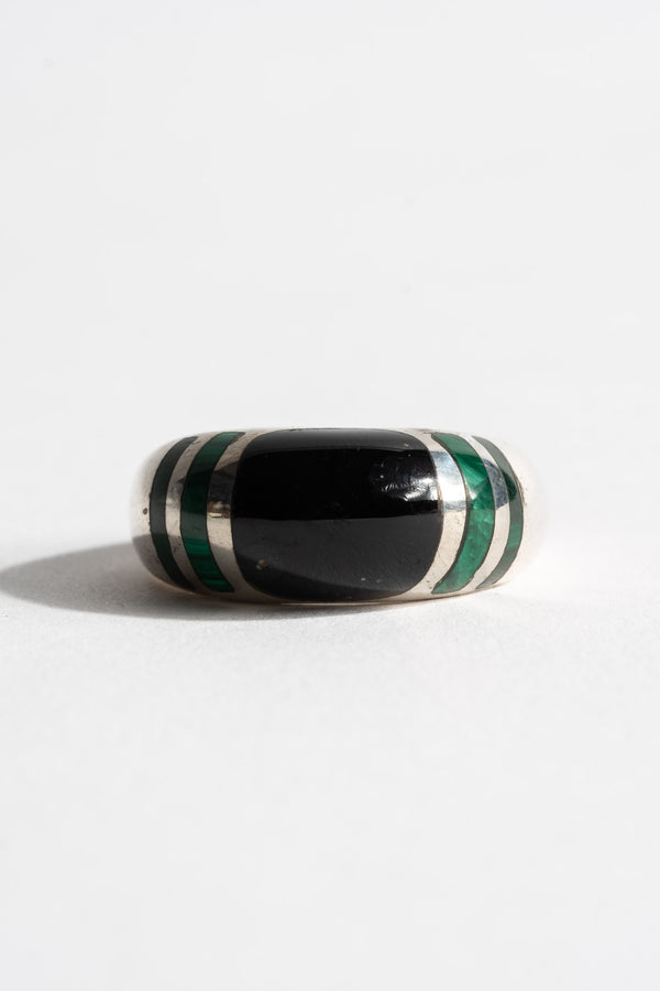 Sterling Rounded Modern Onyx + Malachite Inlay Stripe Ring