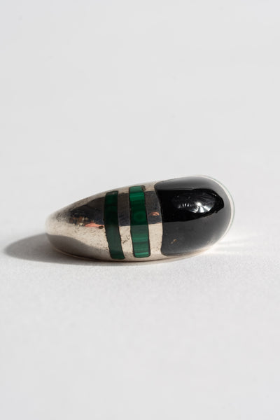 Sterling Rounded Modern Onyx + Malachite Inlay Stripe Ring