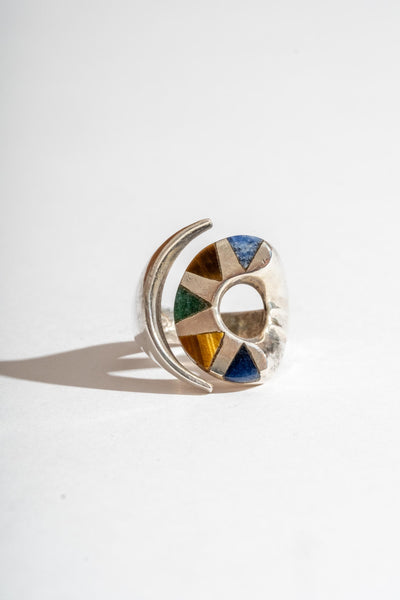 Sterling Taxco Multi Stone Inlay Moon Ring