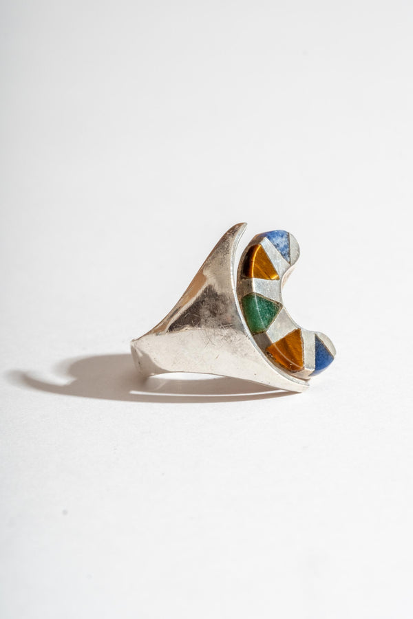 Sterling Taxco Multi Stone Inlay Moon Ring