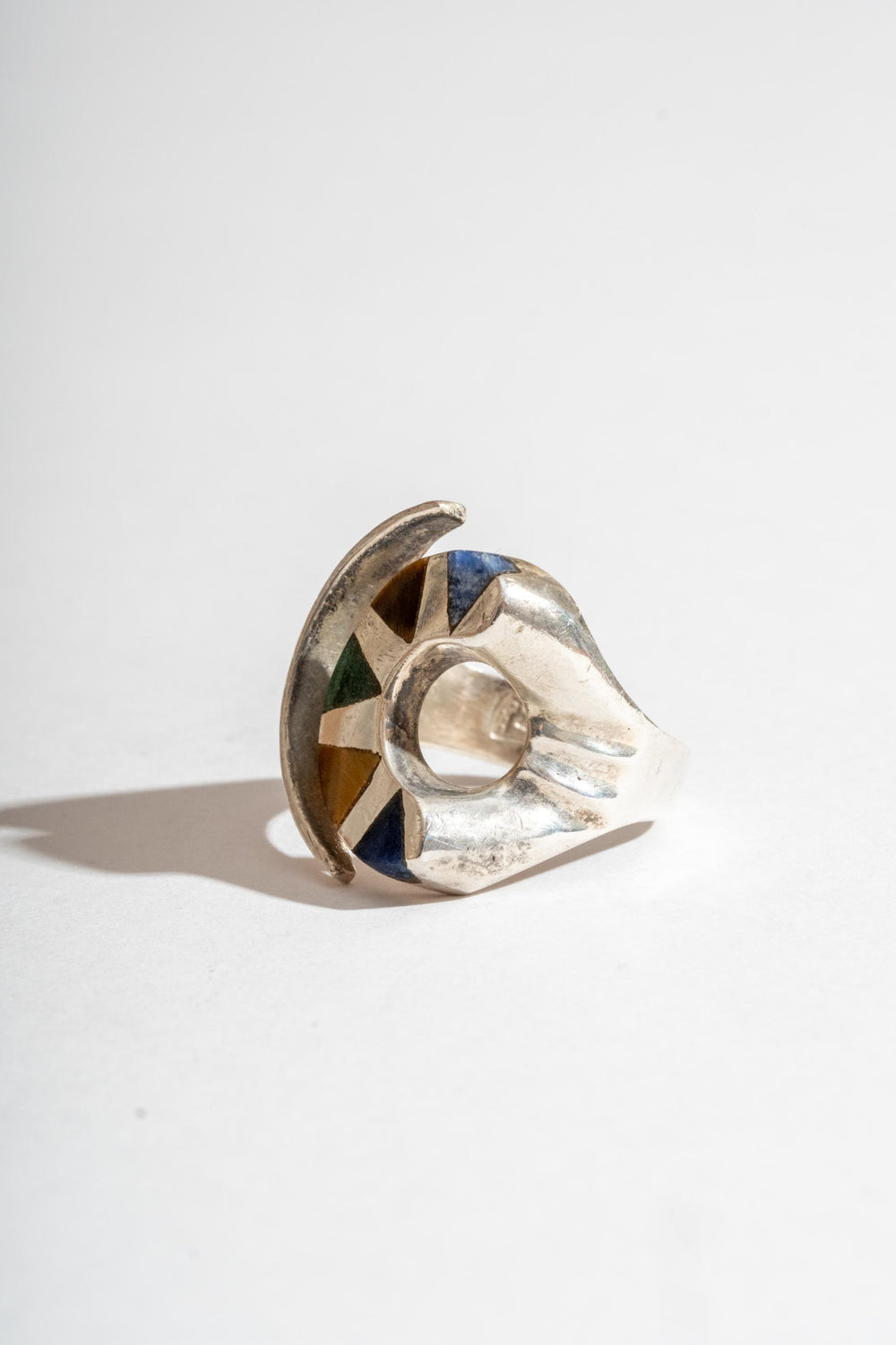 Sterling Taxco Multi Stone Inlay Moon Ring