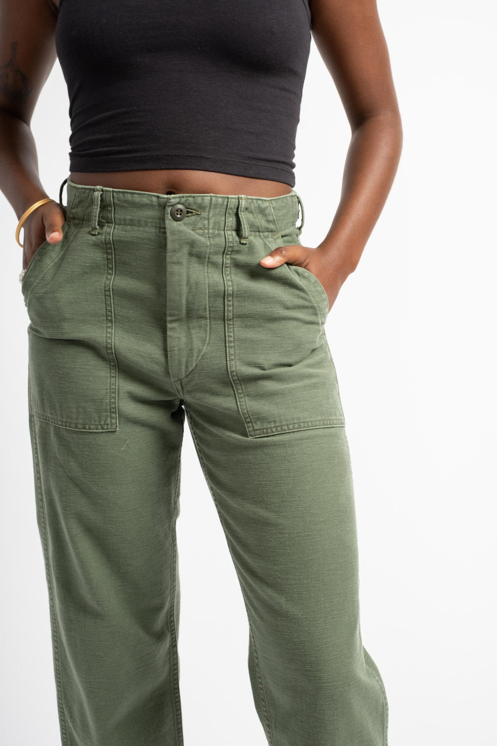 Short Length Fatigue Pants in Green Used Wash