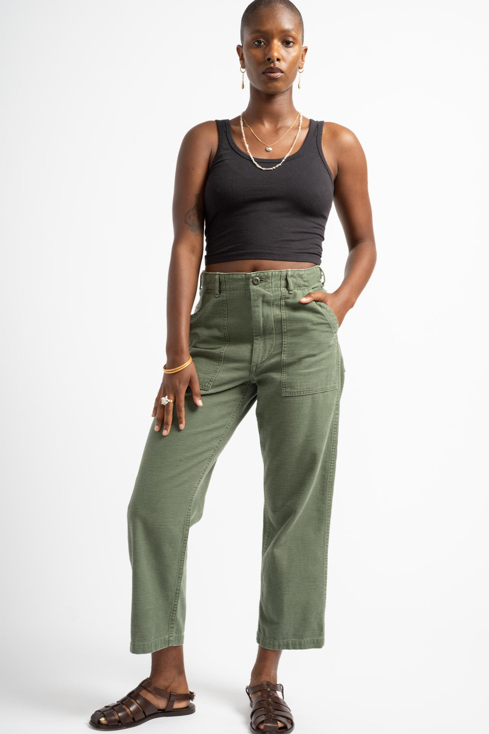 Short Length Fatigue Pants in Green Used Wash