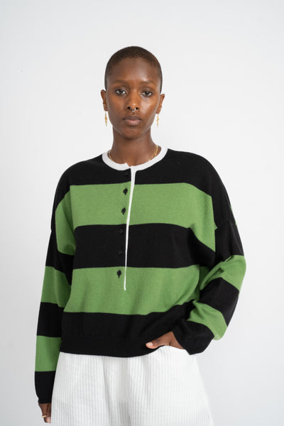 Cordera Merino Wool Striped Polo Sweater in Herba on Model Front