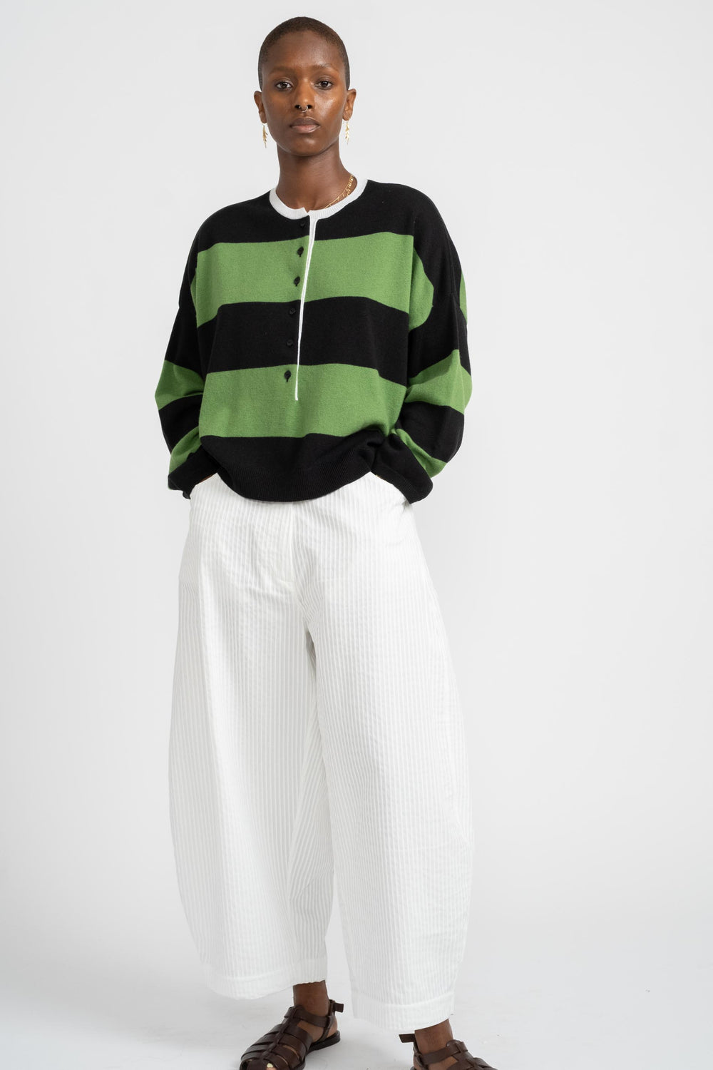 Cordera Merino Wool Striped Polo Sweater in Herba on Model Front