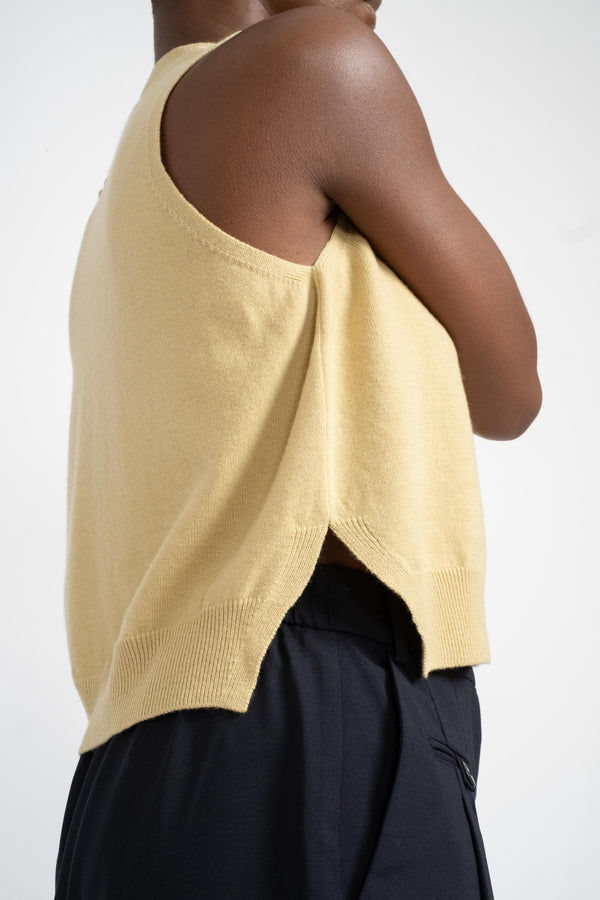 Cordera Merino Wool Waistcoat in Butter on Model Detail Side