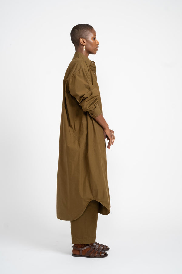 Reliquary Shirt Dress in Olive Cotton Poplin on Model Side