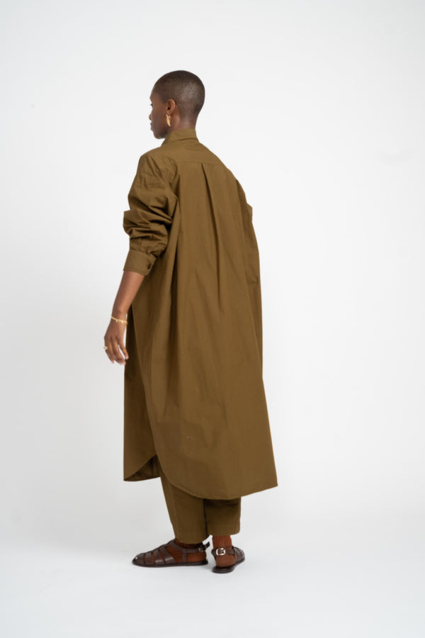 Reliquary Shirt Dress in Olive Cotton Poplin on Model Back