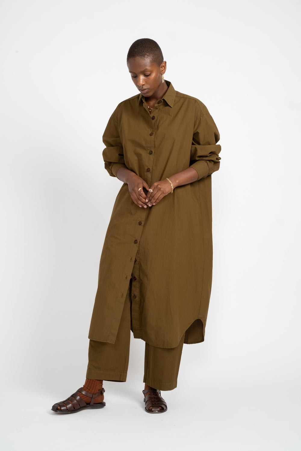 Reliquary Shirt Dress in Olive Cotton Poplin on Model Front