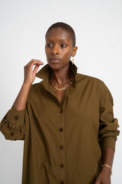 Reliquary Shirt Dress in Olive Cotton Poplin on Model Front