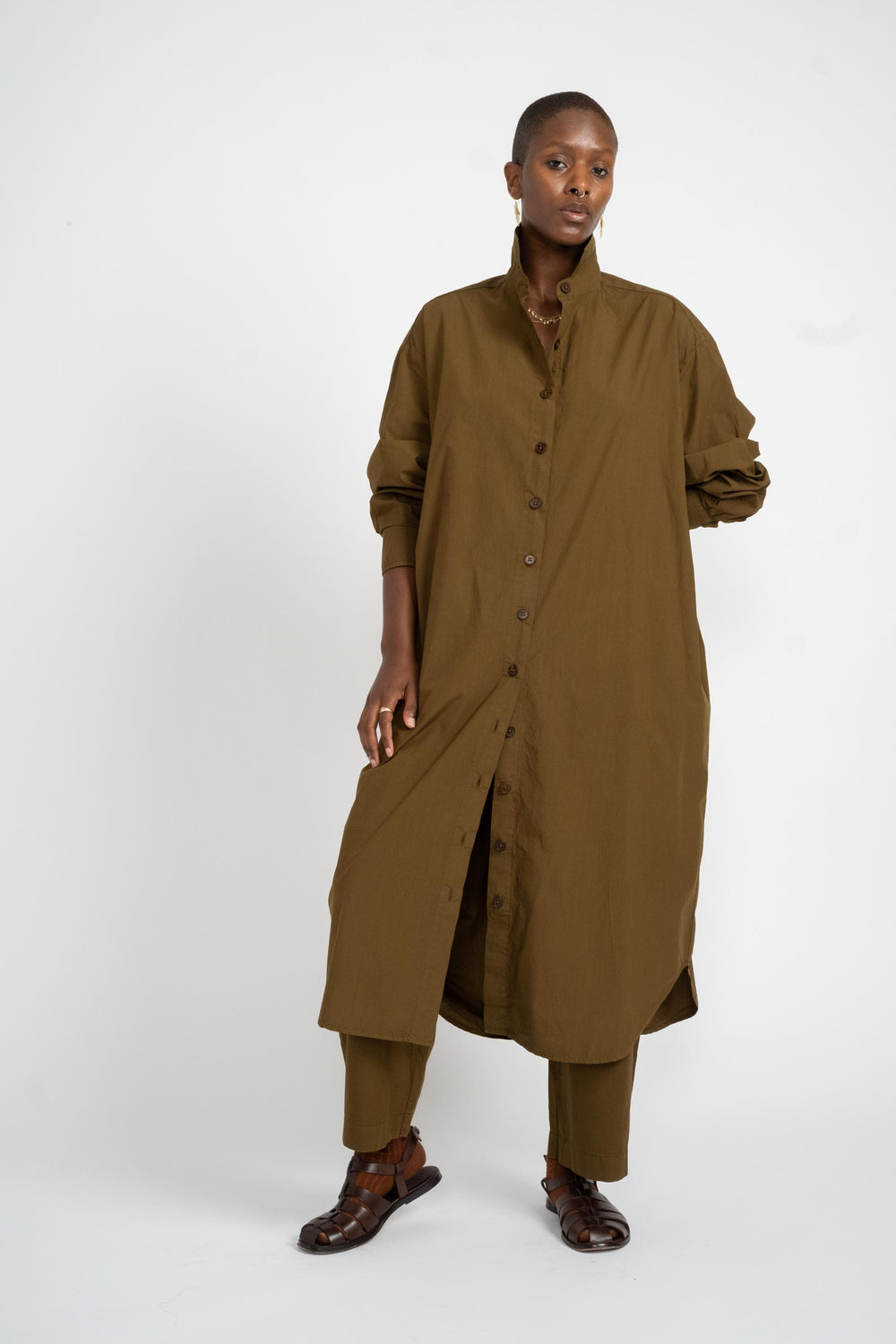 Reliquary Shirt Dress in Olive Cotton Poplin on Model Front