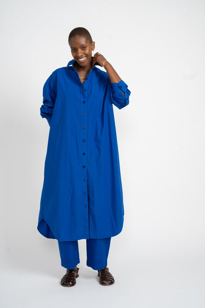 Reliquary Shirt Dress in Yves Klein Blue Cotton Poplin on Model Front