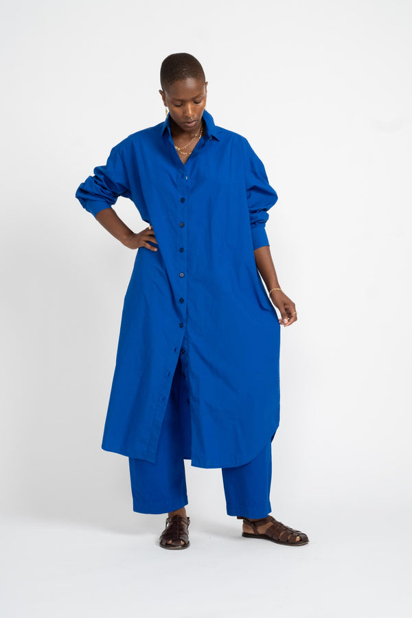 Reliquary Shirt Dress in Yves Klein Blue Cotton Poplin on Model Front