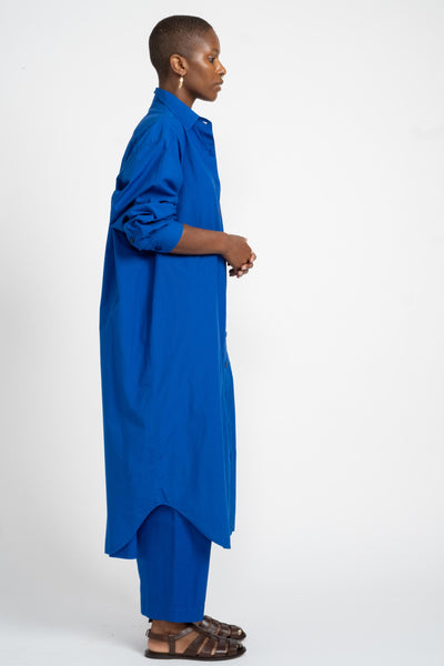 Reliquary Shirt Dress in Yves Klein Blue Cotton Poplin on Model Side