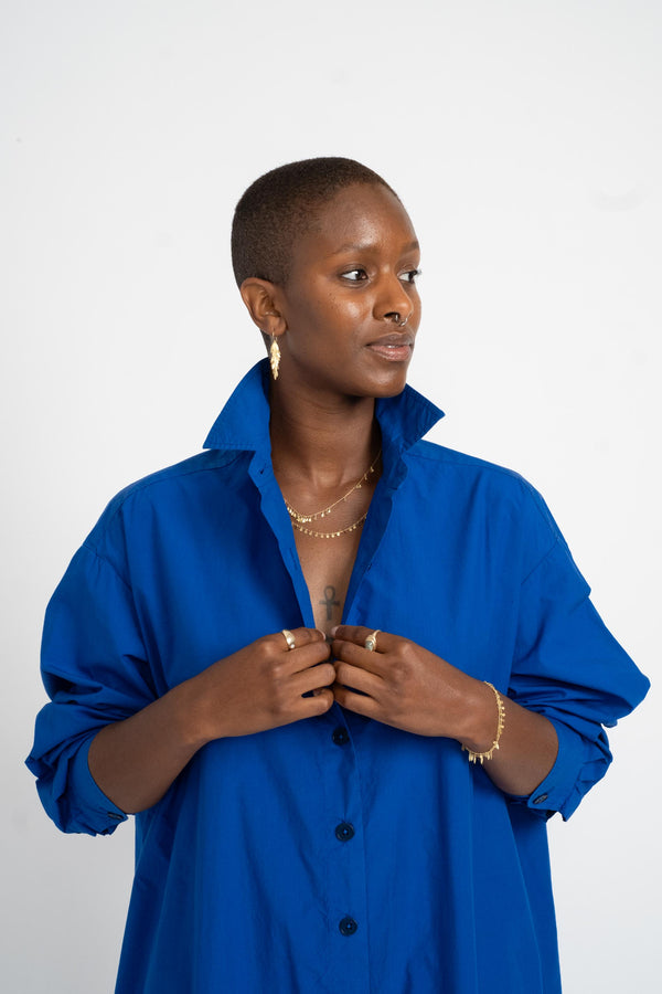 Reliquary Shirt Dress in Yves Klein Blue Cotton Poplin on Model Front