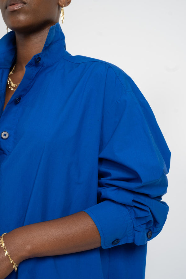 Reliquary Shirt Dress in Yves Klein Blue Cotton Poplin on Model Front Detail