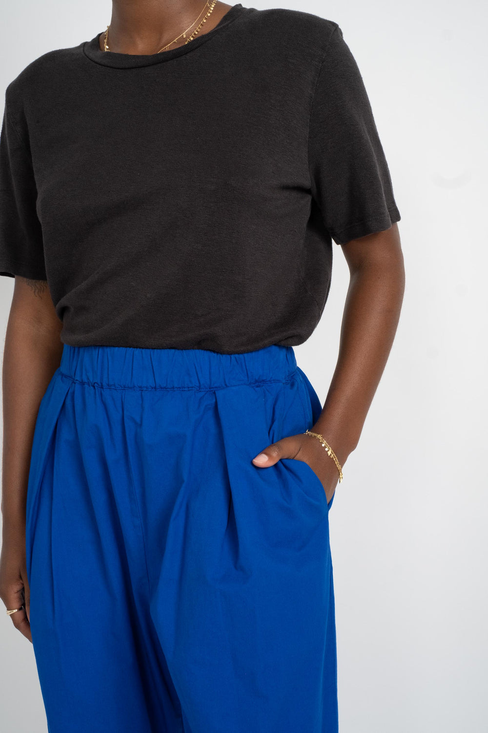 Reliquary The Elastic Pant in Yves Klein Blue on Model Front Detail