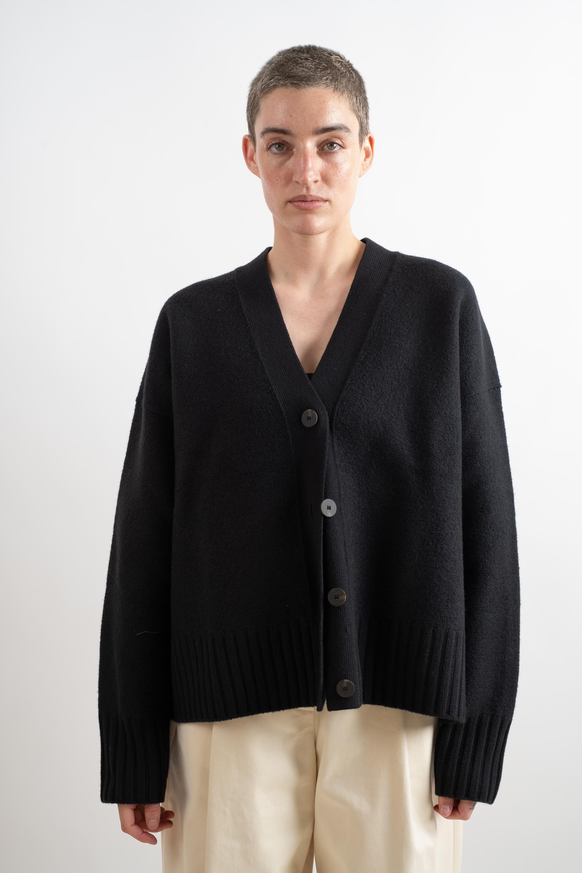 Studio Nicholson | SAKE BOILED WOOL CARDIGAN IN DARKEST NAVY