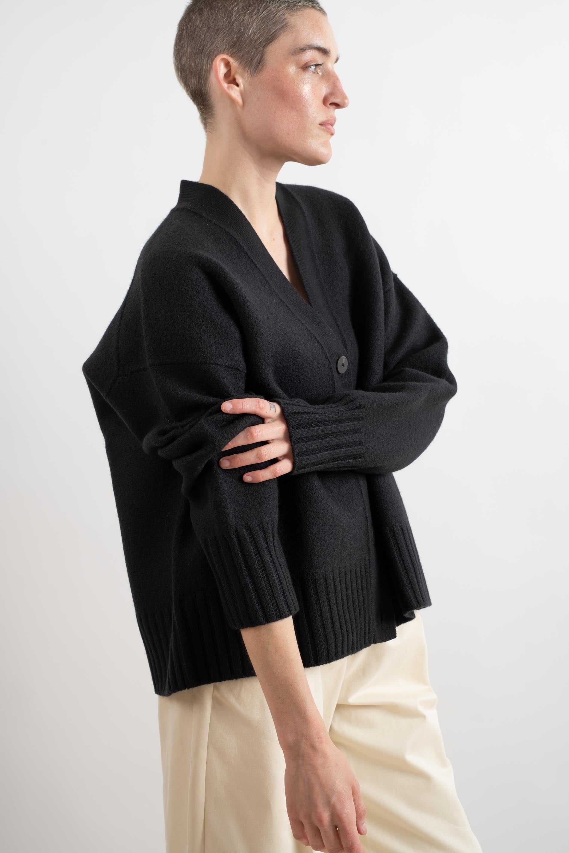 Studio Nicholson | SAKE BOILED WOOL CARDIGAN IN DARKEST NAVY