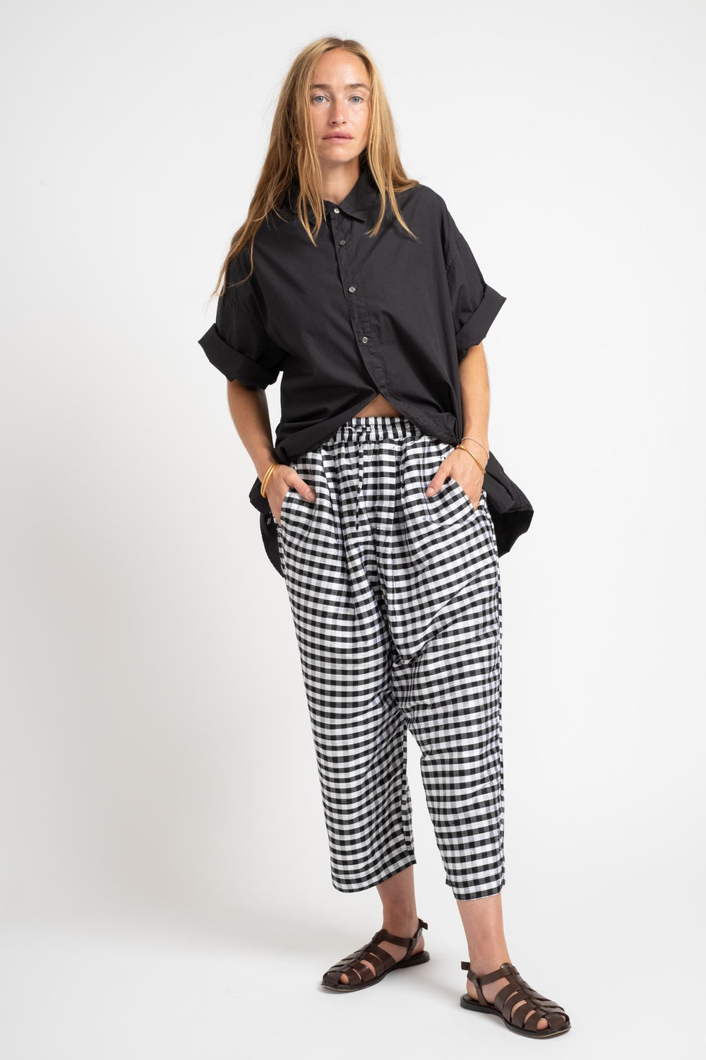 Dupioni Silk Check Pants In Black + White