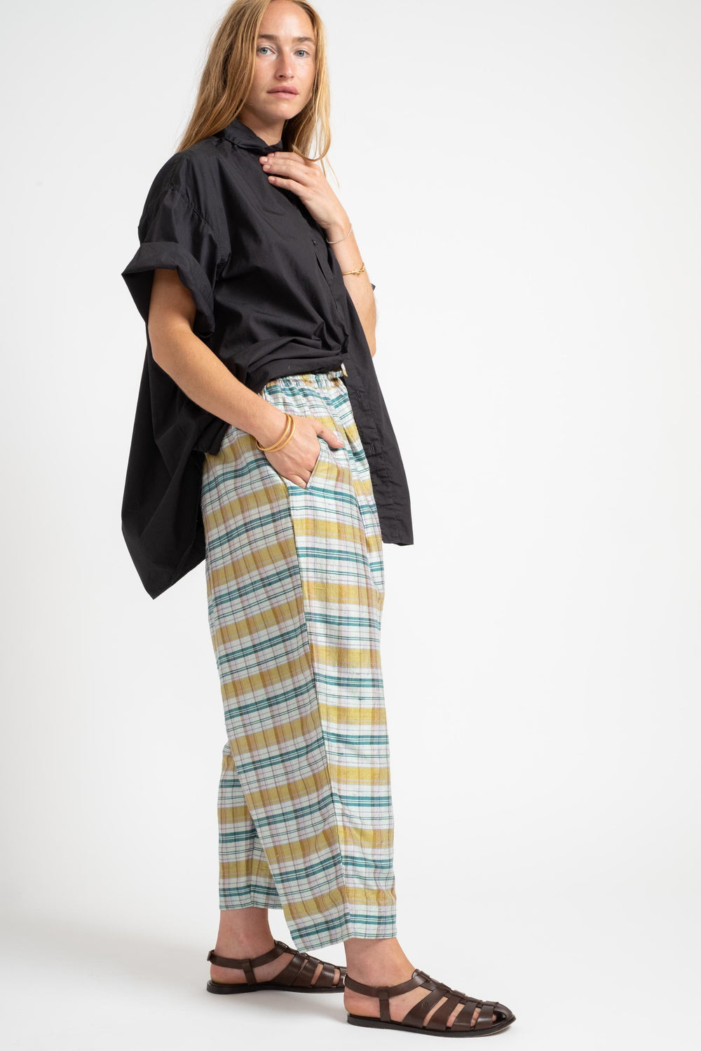 Dupioni Silk Check Pants In Yellow + Green