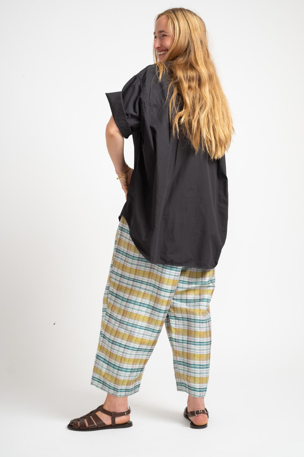 Dupioni Silk Check Pants In Yellow + Green