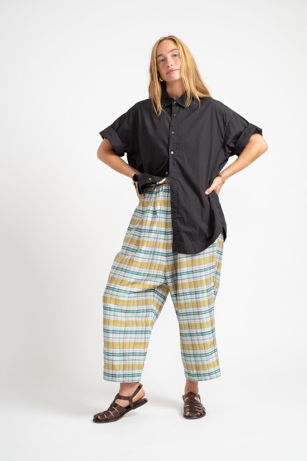 Dupioni Silk Check Pants In Yellow + Green