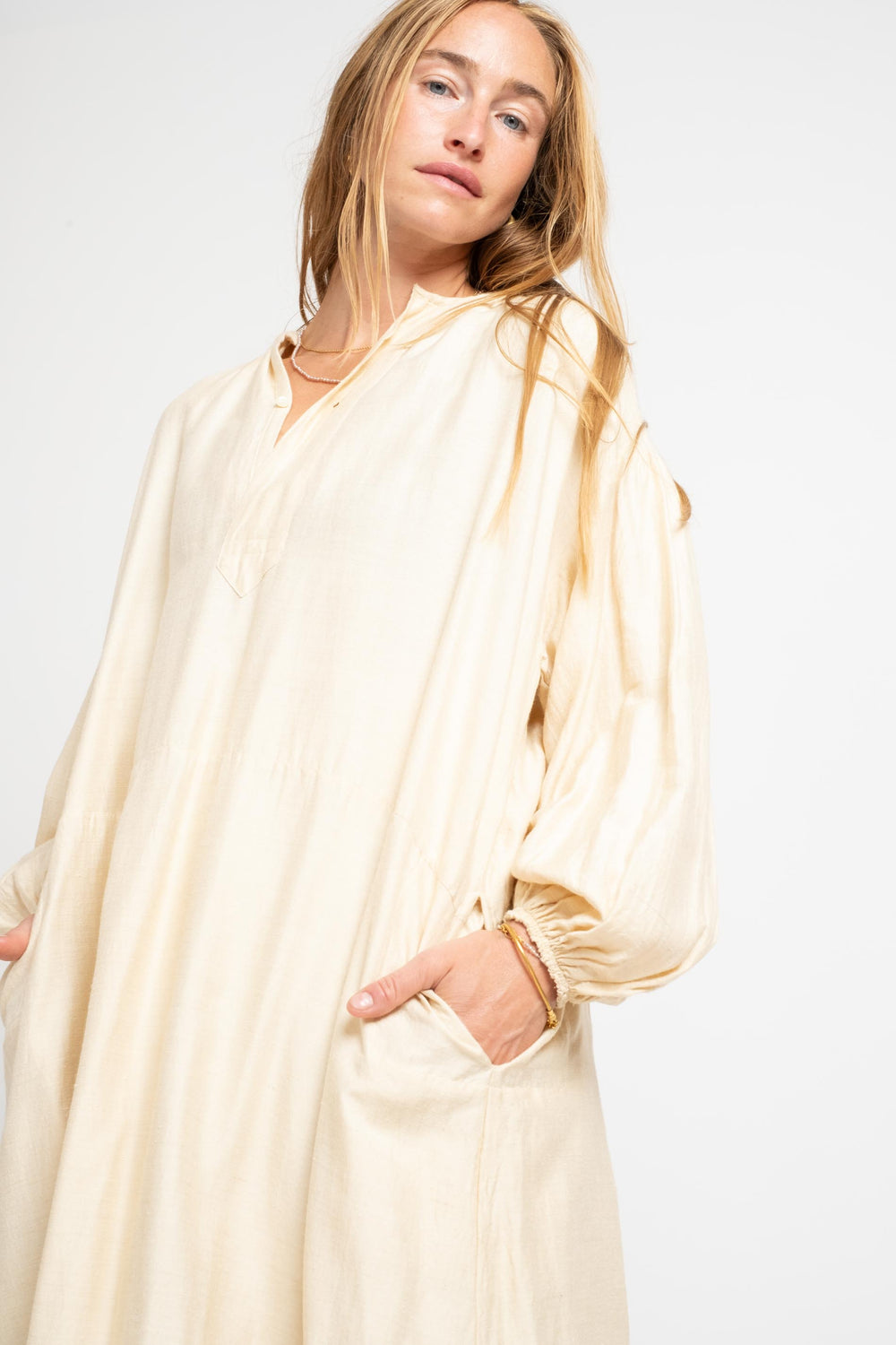 Tussah Silk Gathered Dress In Gold Beige