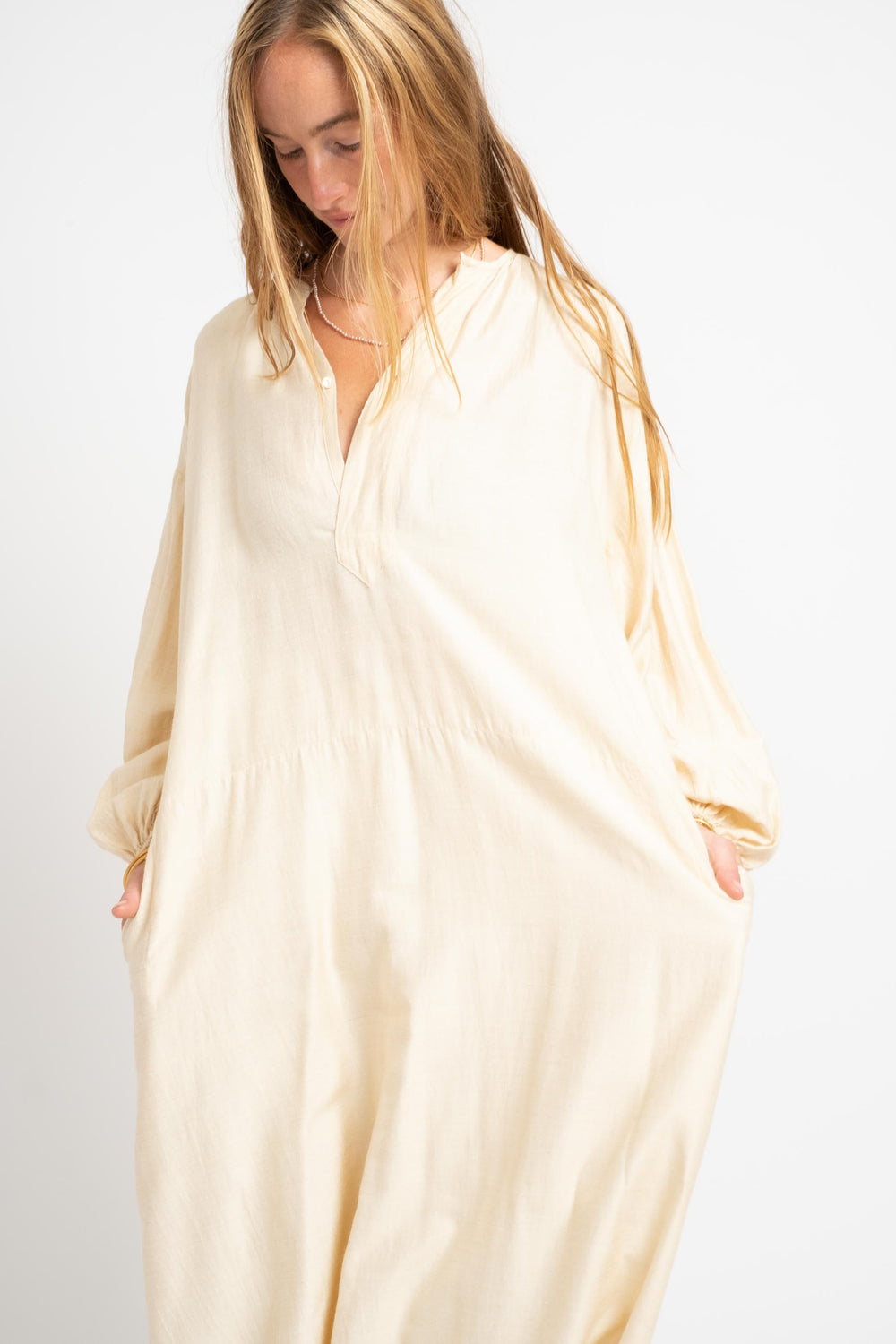 Tussah Silk Gathered Dress In Gold Beige