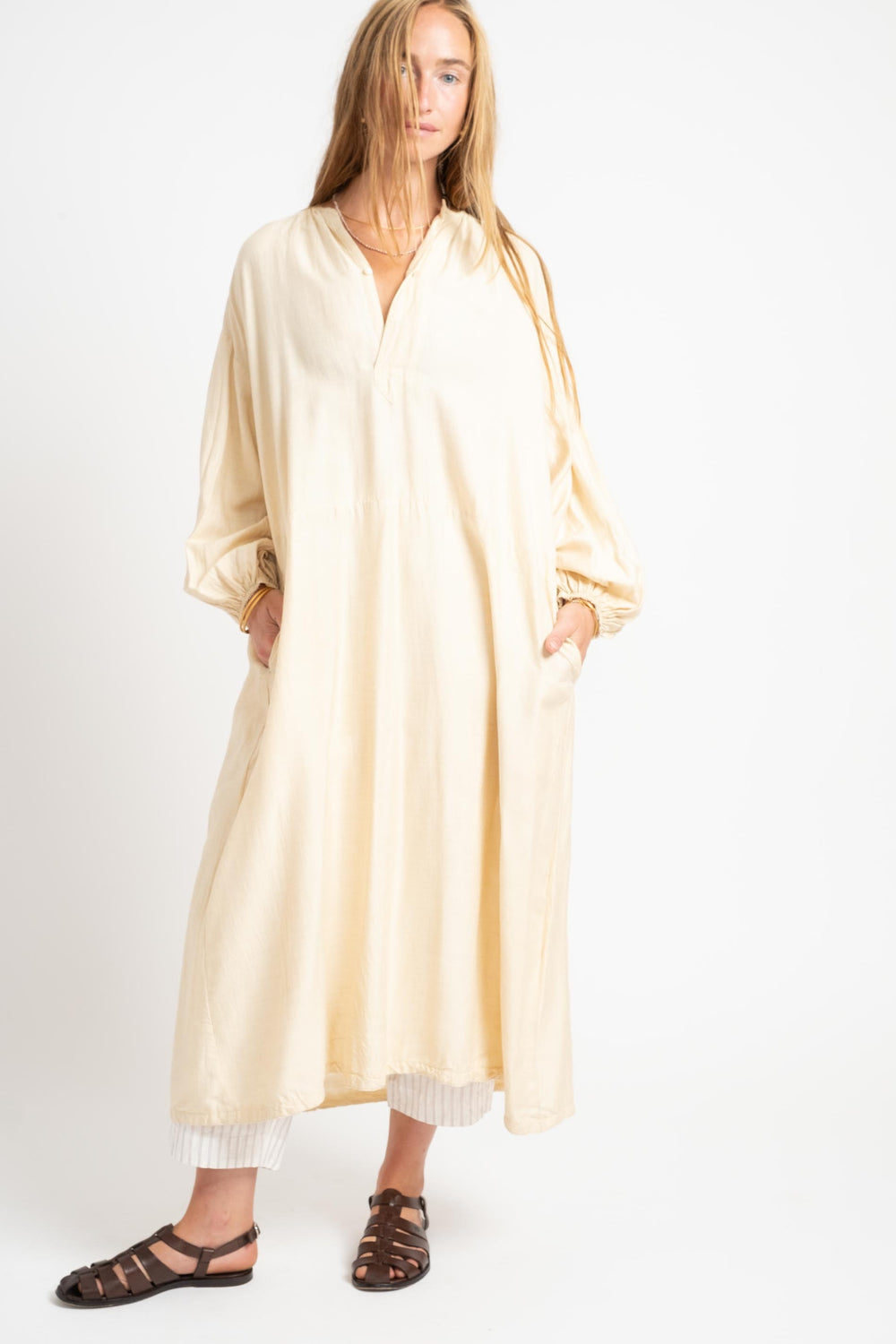 Tussah Silk Gathered Dress In Gold Beige