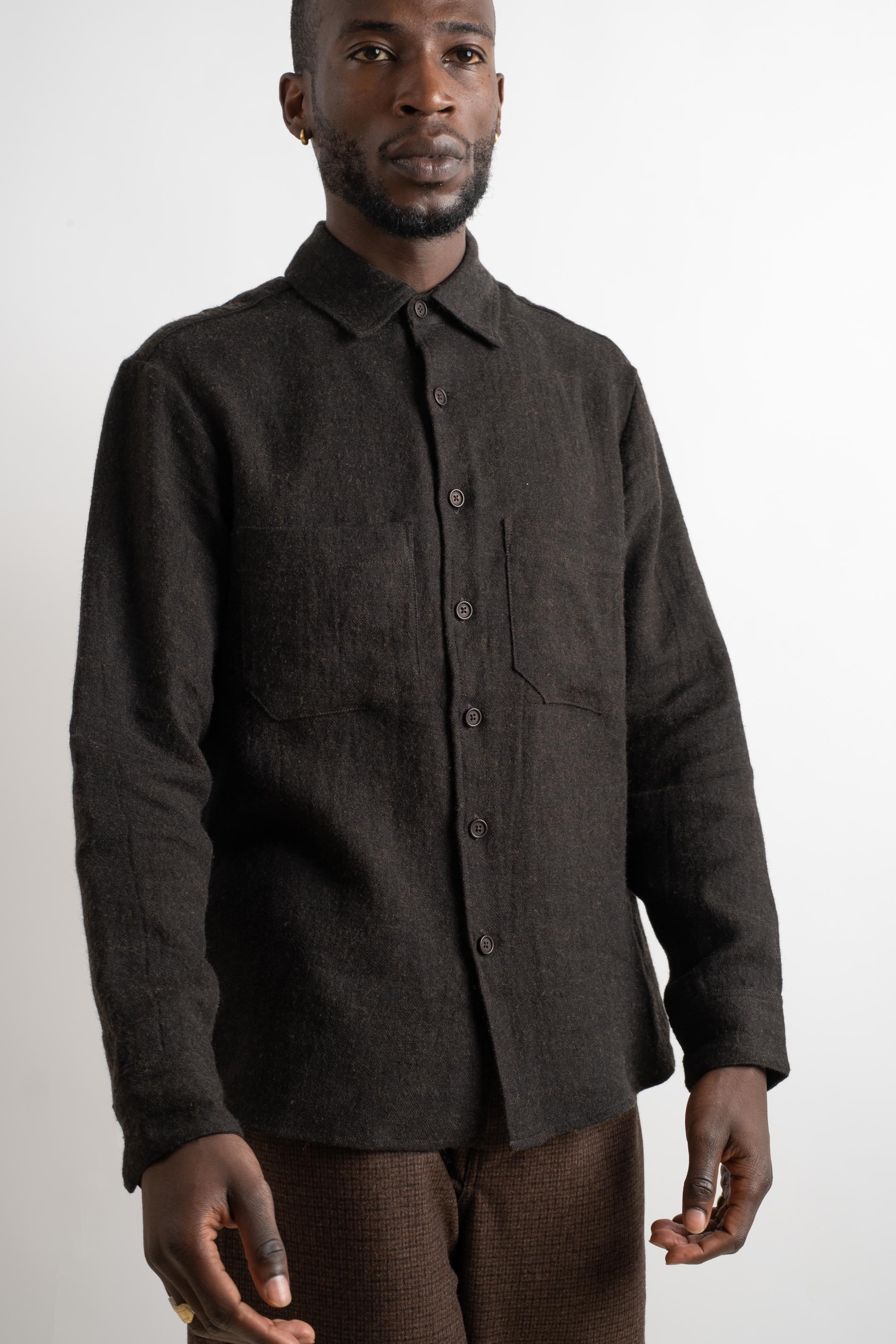 evan kinori | TWO POCKET SHIRT IN DARK BROWN BRUSHED LINEN/WOOL