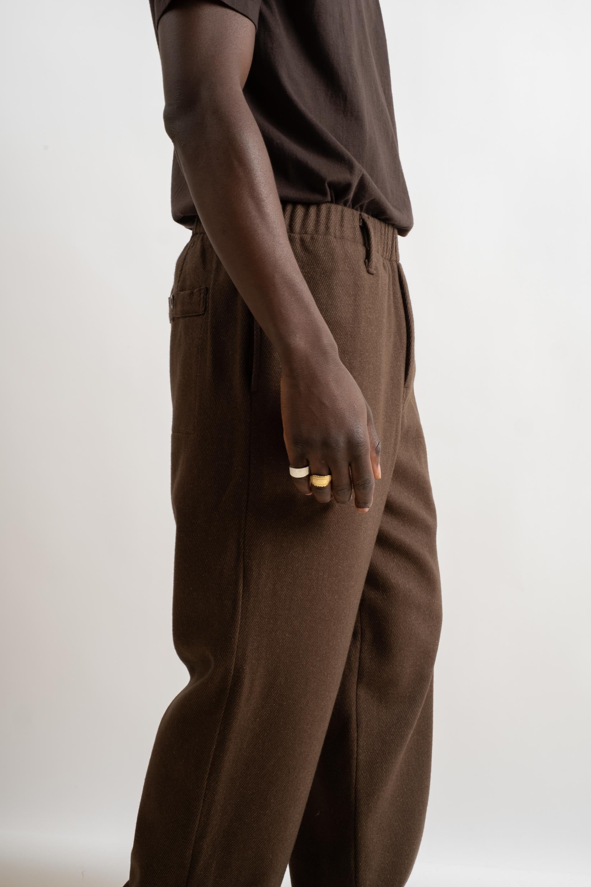 evan kinori | ELASTIC PANT IN OLIVE MELANGE YARN DIED WOOL/COTTON TWILL –  RELIQUARY