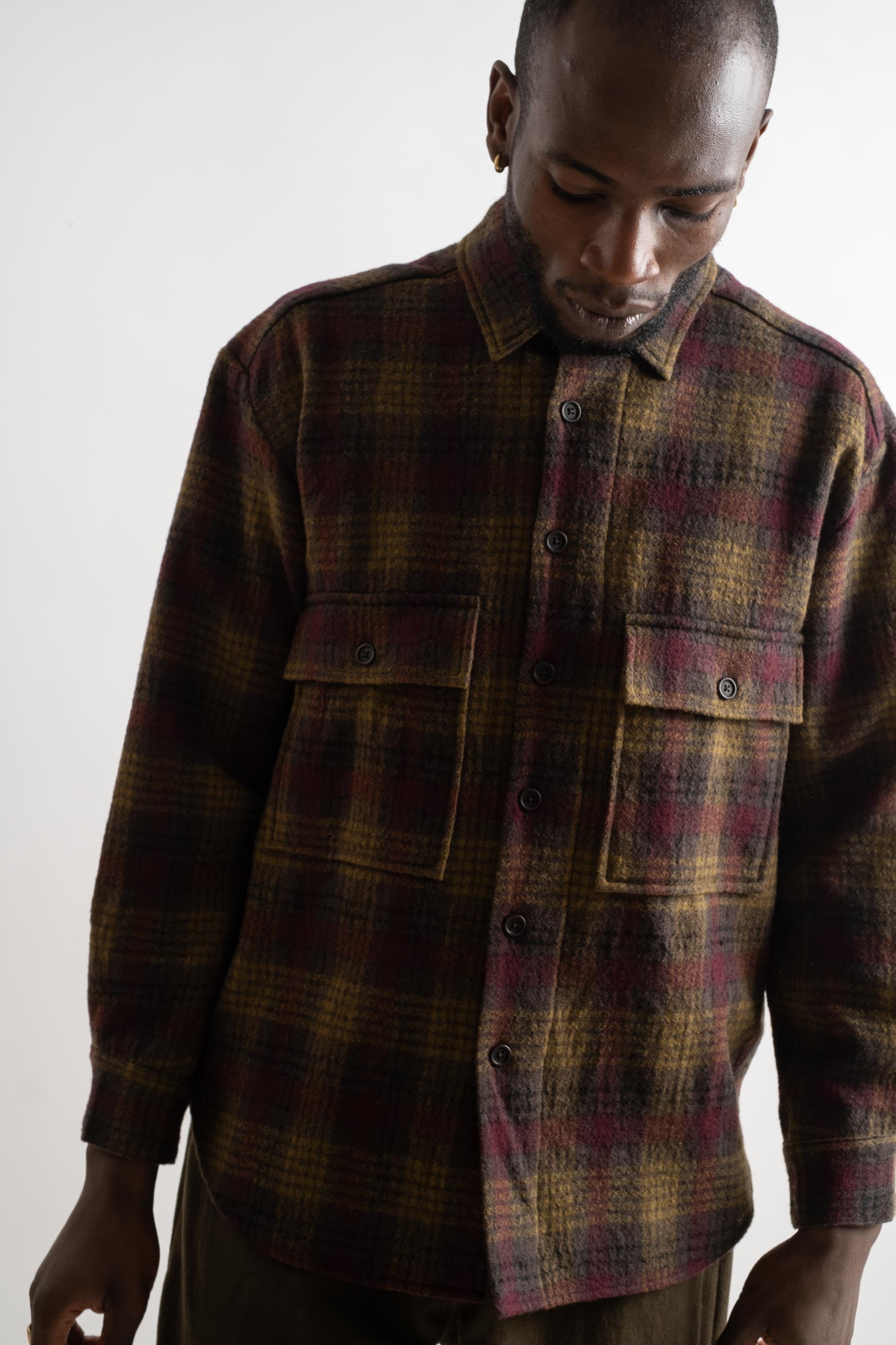 evan kinori | BIG SHIRT IN DARK OLIVE + BURGUNDY WOOL GAUZE CHECK