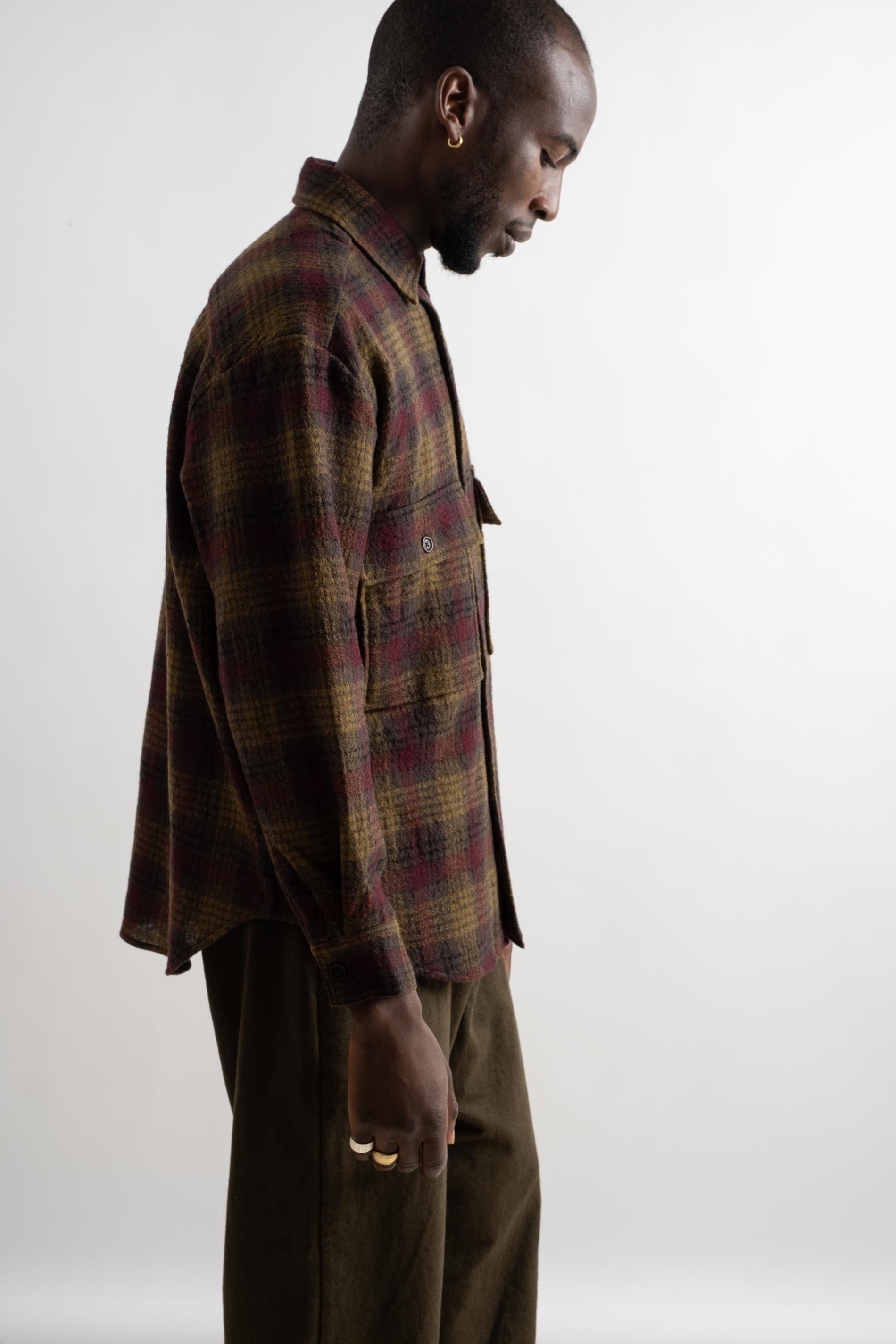 evan kinori | BIG SHIRT IN DARK OLIVE + BURGUNDY WOOL GAUZE CHECK