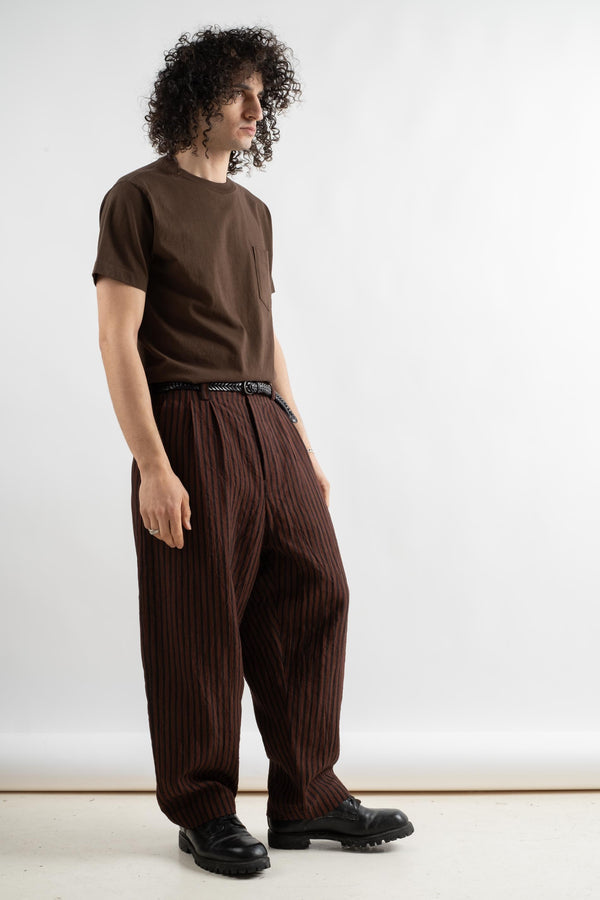 Two Pleat Pant In Navy + Red Yarn Dyed Linen Stripe