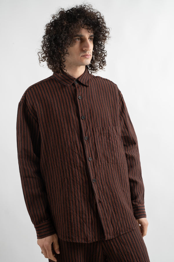 Big Shirt Two In Navy + Red Yarn Dyed Linen Stripe