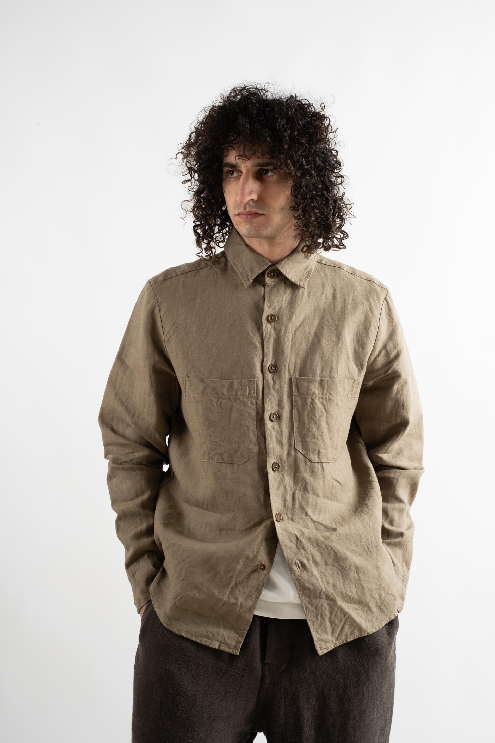 evan kinori | Two Pocket Shirt In Dark Beige Tumbled Linen – RELIQUARY