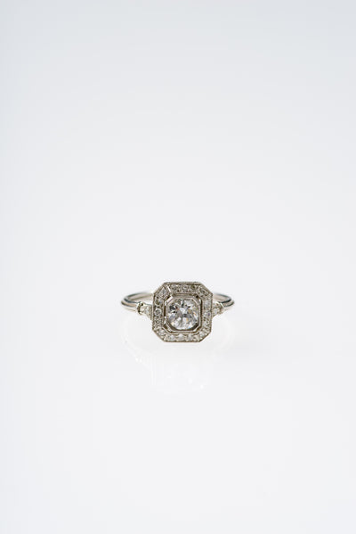 VINTAGE Art Deco Era Halo Ring in Platinum Gold and Diamond