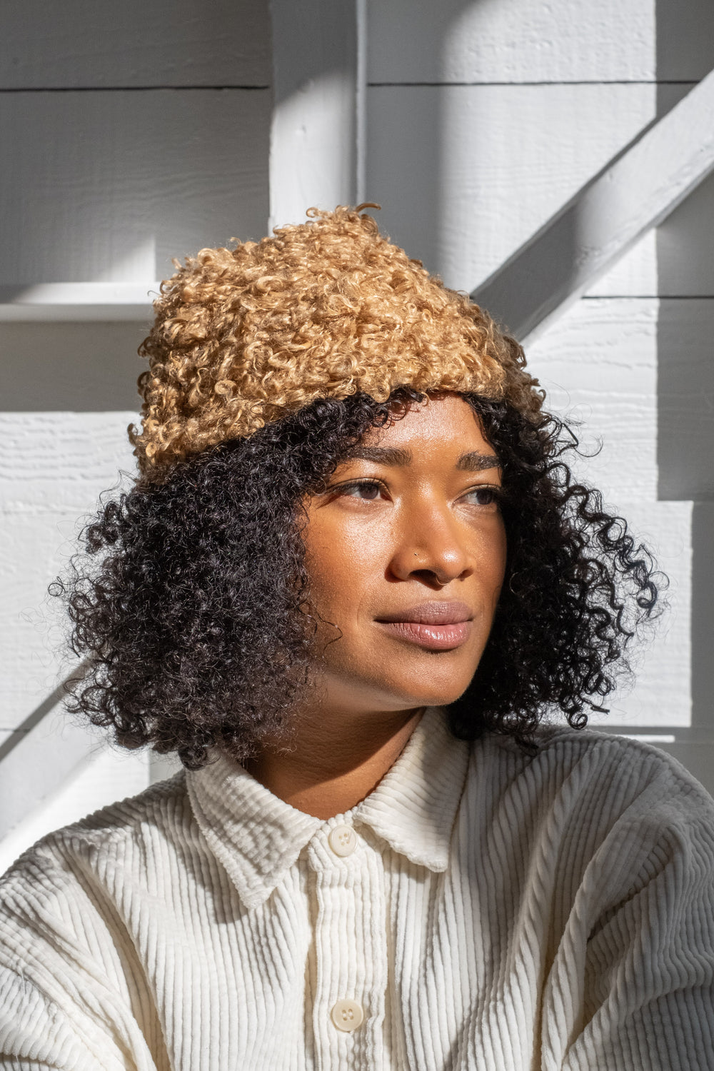 Faux Fur Toque In Camel Curl