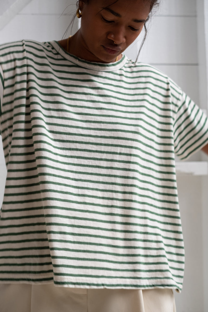 Ichi Antiquitiés | COTTON BORDER T-SHIRT IN NATURAL + GREEN