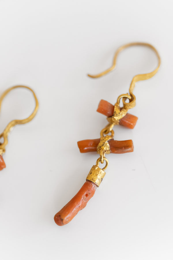 Triple Drop Coral Earrings In Gold