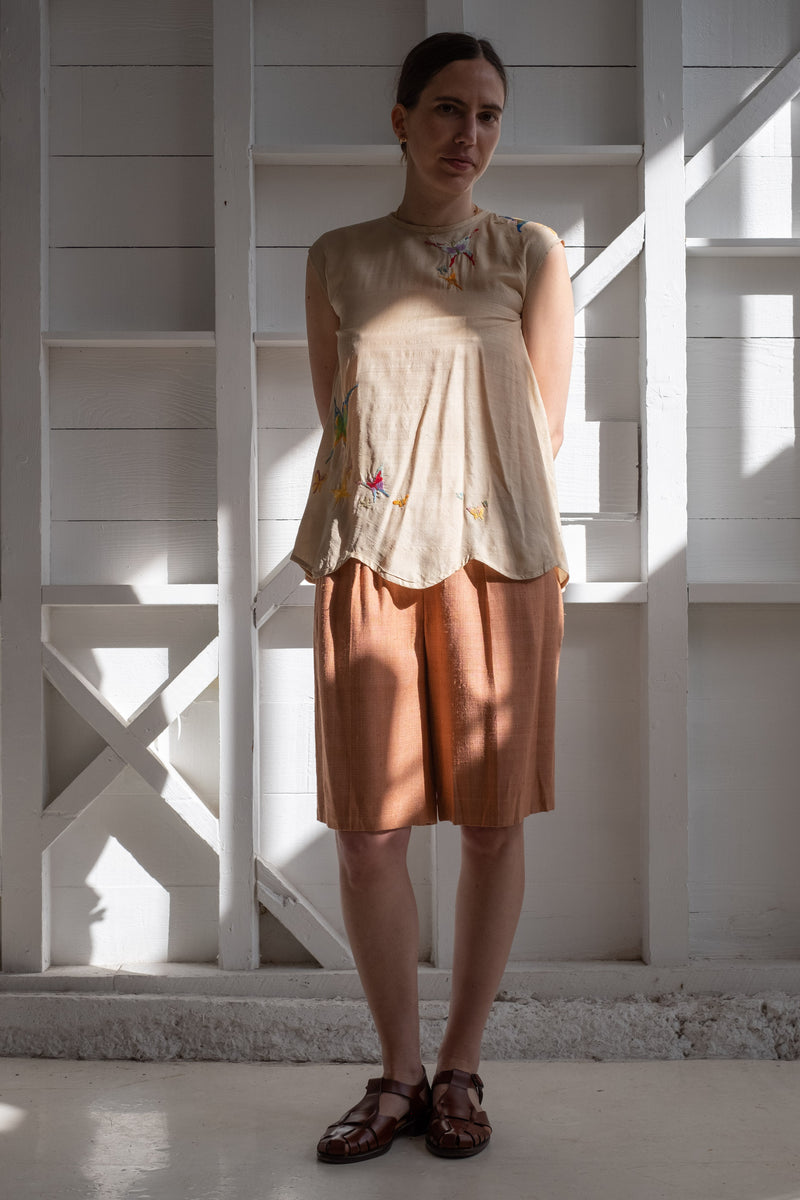 PLEAT FRONT RAW SILK SHORTS