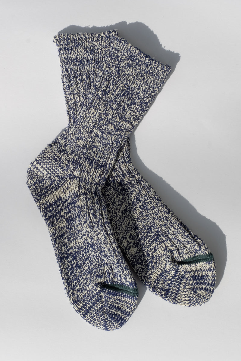 COTTON RIBBED CREW SOCKS IN BLUE + IVORY