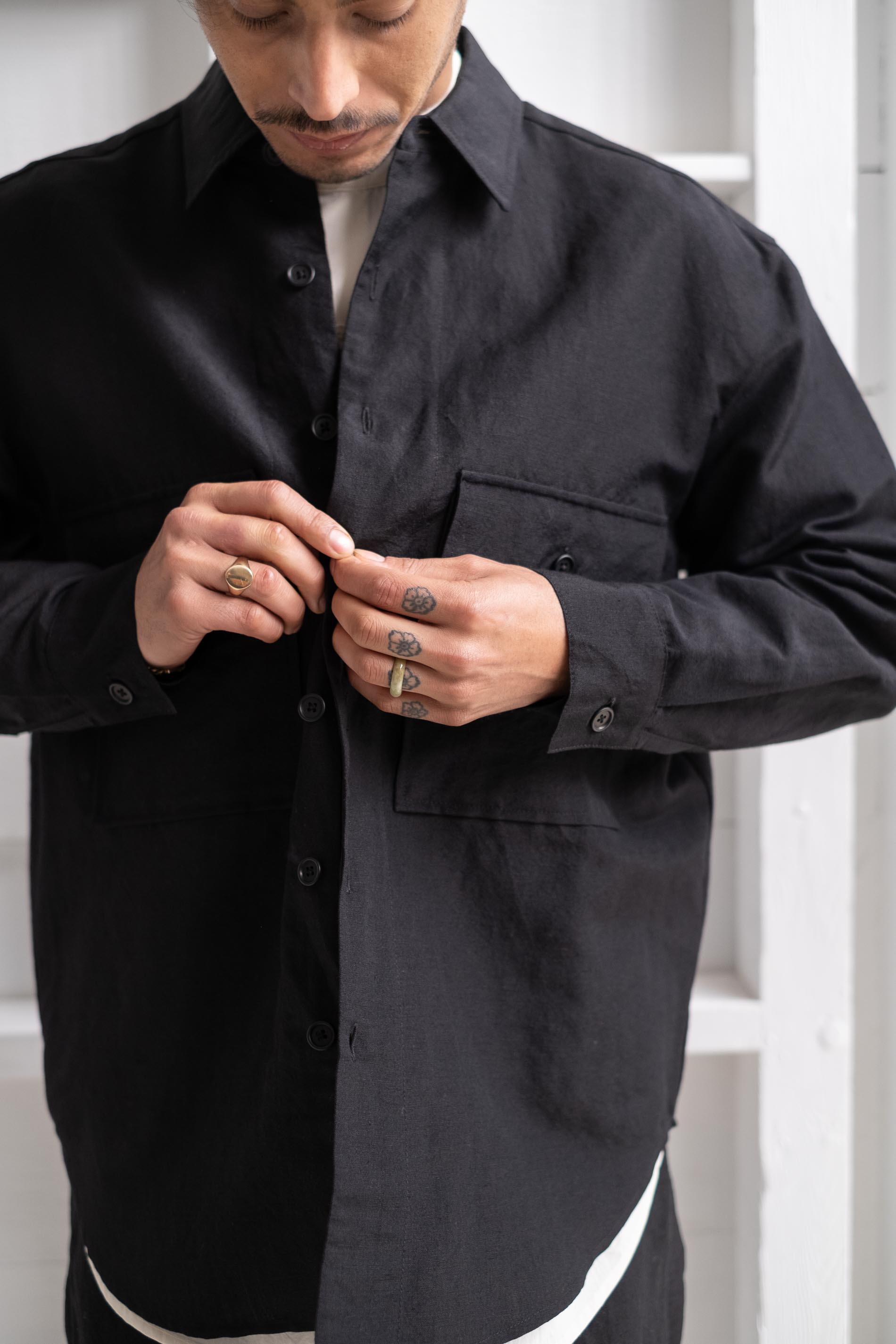 evan kinori | BIG SHIRT IN BLACK TROPICAL WOOL/LINEN CANVAS ...