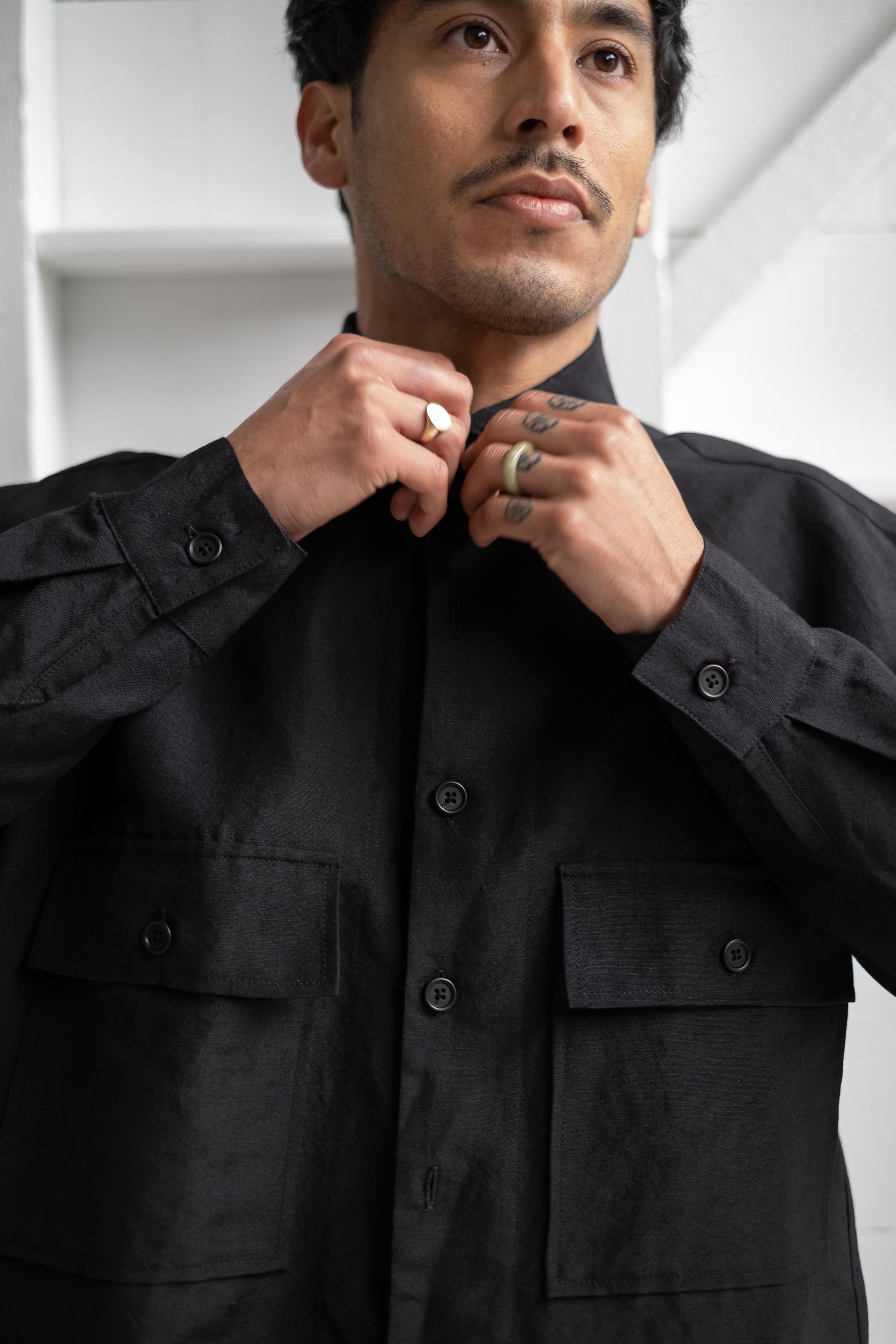 evan kinori | BIG SHIRT IN BLACK TROPICAL WOOL/LINEN CANVAS