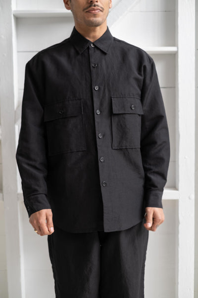 Big Shirt In Black Tropical Wool/Linen Canvas