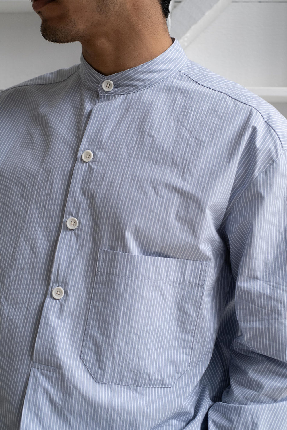 Popover Shirt In Light Blue Organic Cotton Stripe